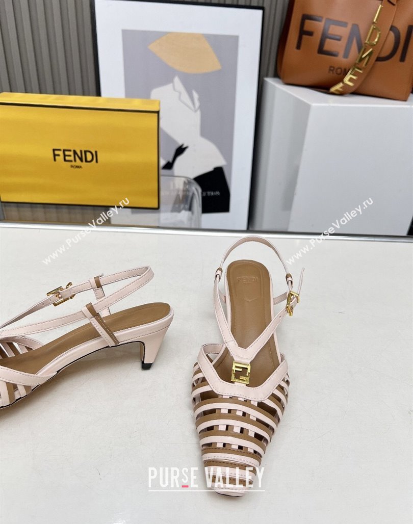 Fendi FFold Slingbacks Heeled Sandals 5cm in Bonded Leather Stripes Pink/Beige 2025 (MD-250425137)