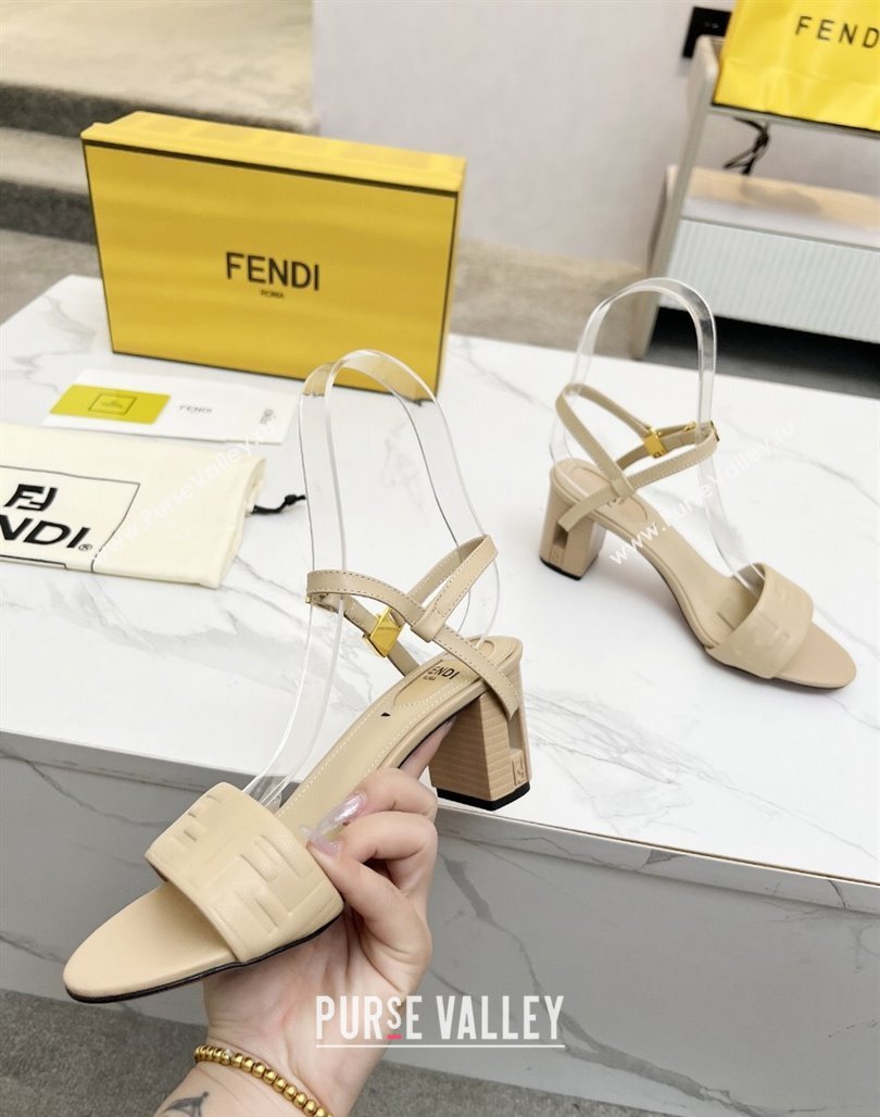 Fendi Delfina Medium Heel Sandals 6cm in FF Leather Beige 2025 (MD-250425131)