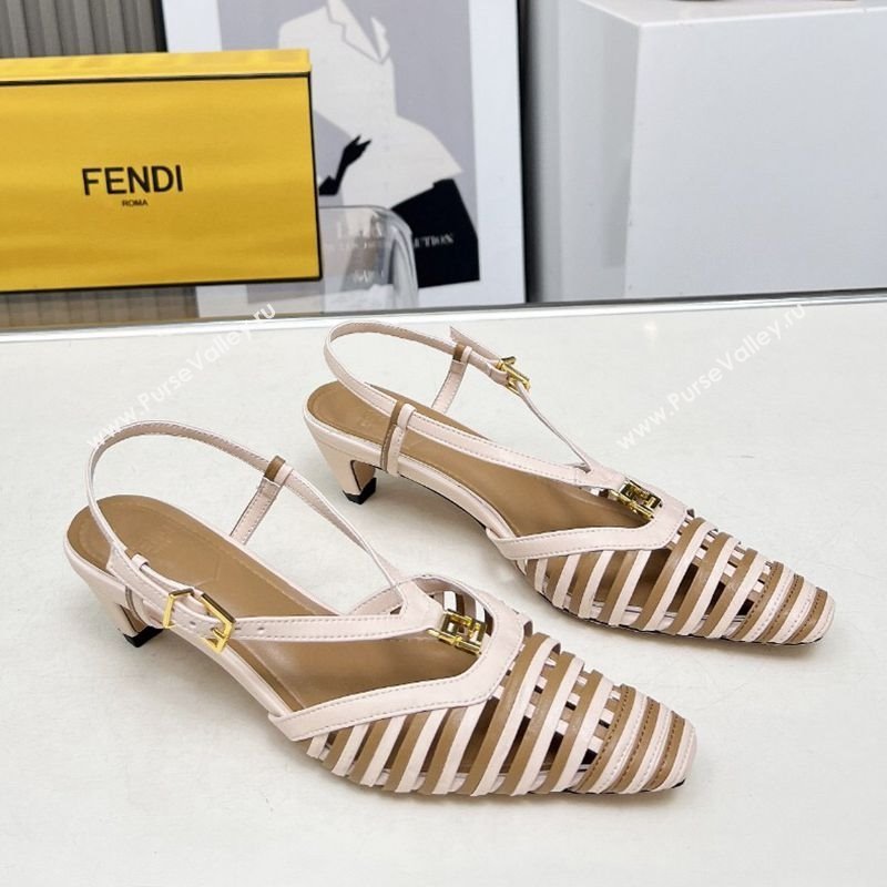 Fendi FFold Slingbacks Heeled Sandals 5cm in Bonded Leather Stripes Pink/Beige 2025 (MD-250425137)