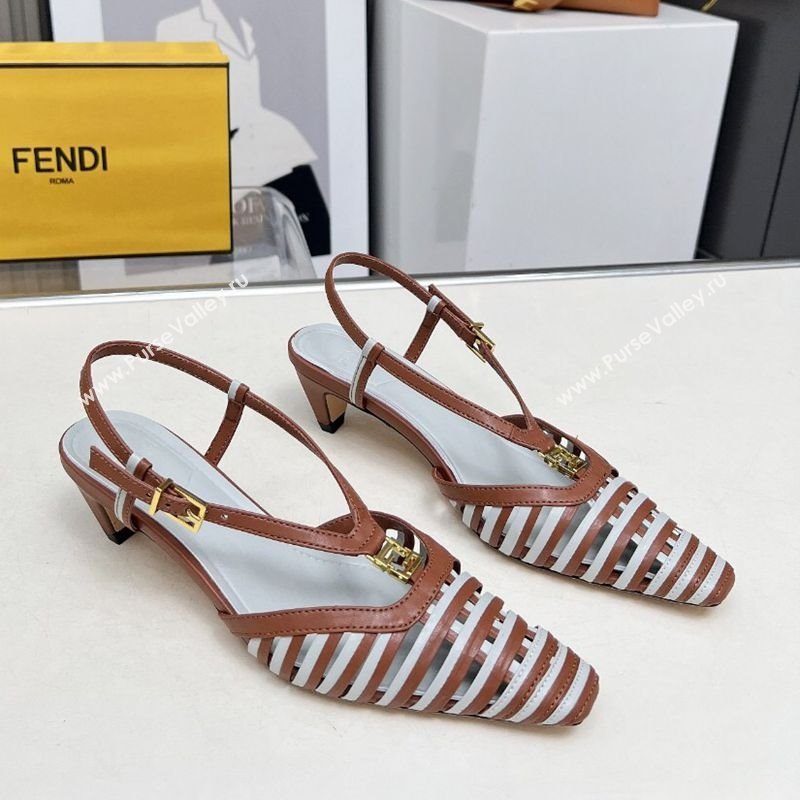 Fendi FFold Slingbacks Heeled Sandals 5cm in Bonded Leather Stripes Brown/Green 2025 (MD-250425138)