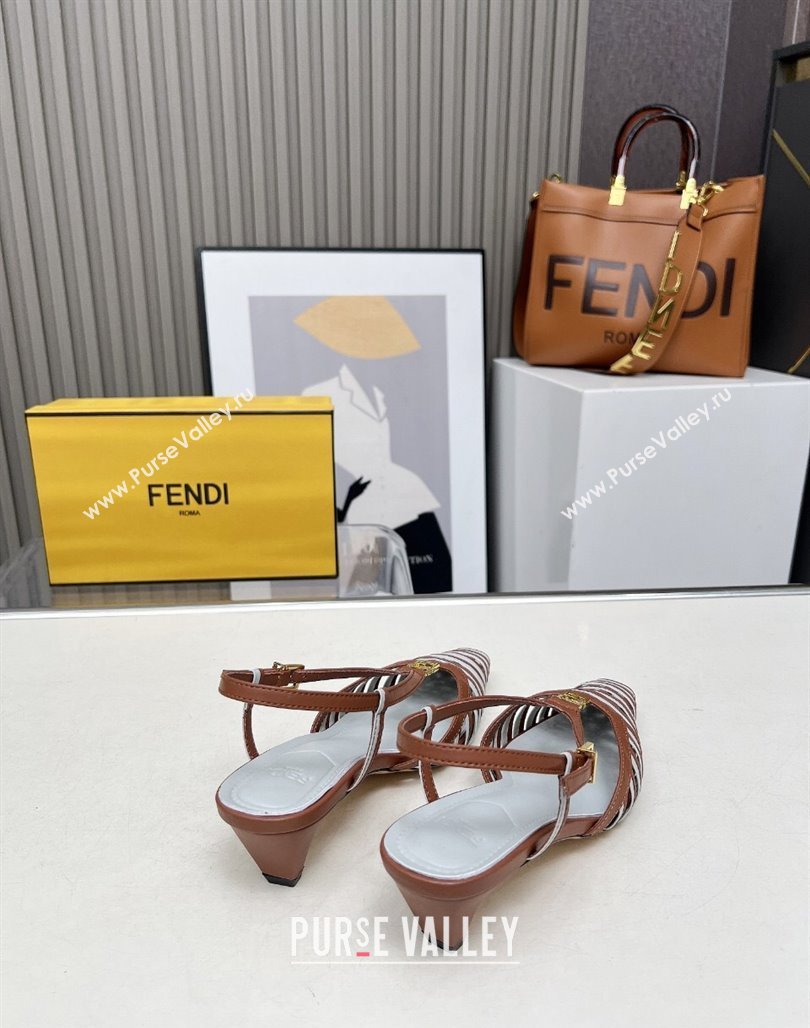 Fendi FFold Slingbacks Heeled Sandals 5cm in Bonded Leather Stripes Brown/Green 2025 (MD-250425138)