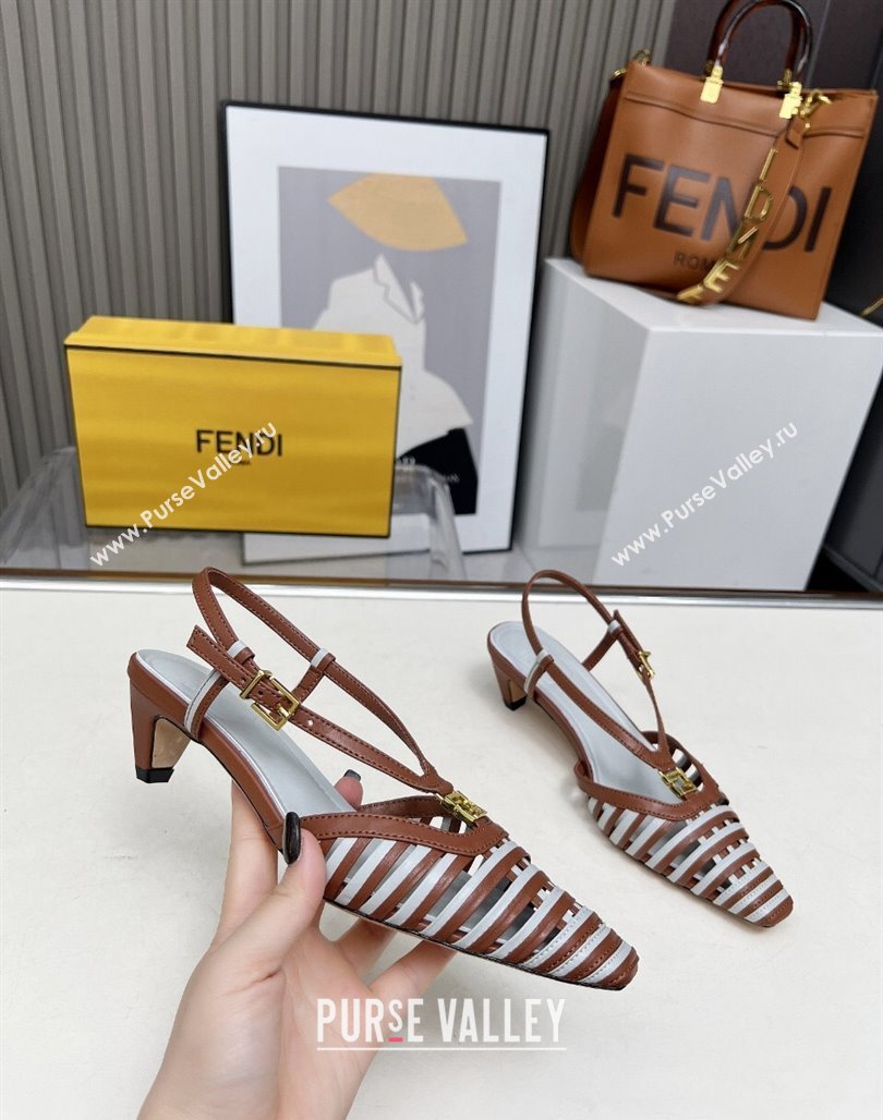 Fendi FFold Slingbacks Heeled Sandals 5cm in Bonded Leather Stripes Brown/Green 2025 (MD-250425138)