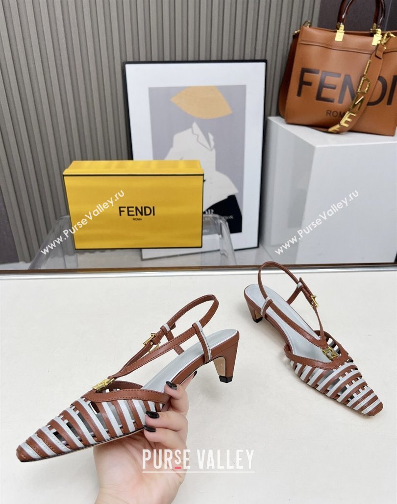 Fendi FFold Slingbacks Heeled Sandals 5cm in Bonded Leather Stripes Brown/Green 2025 (MD-250425138)