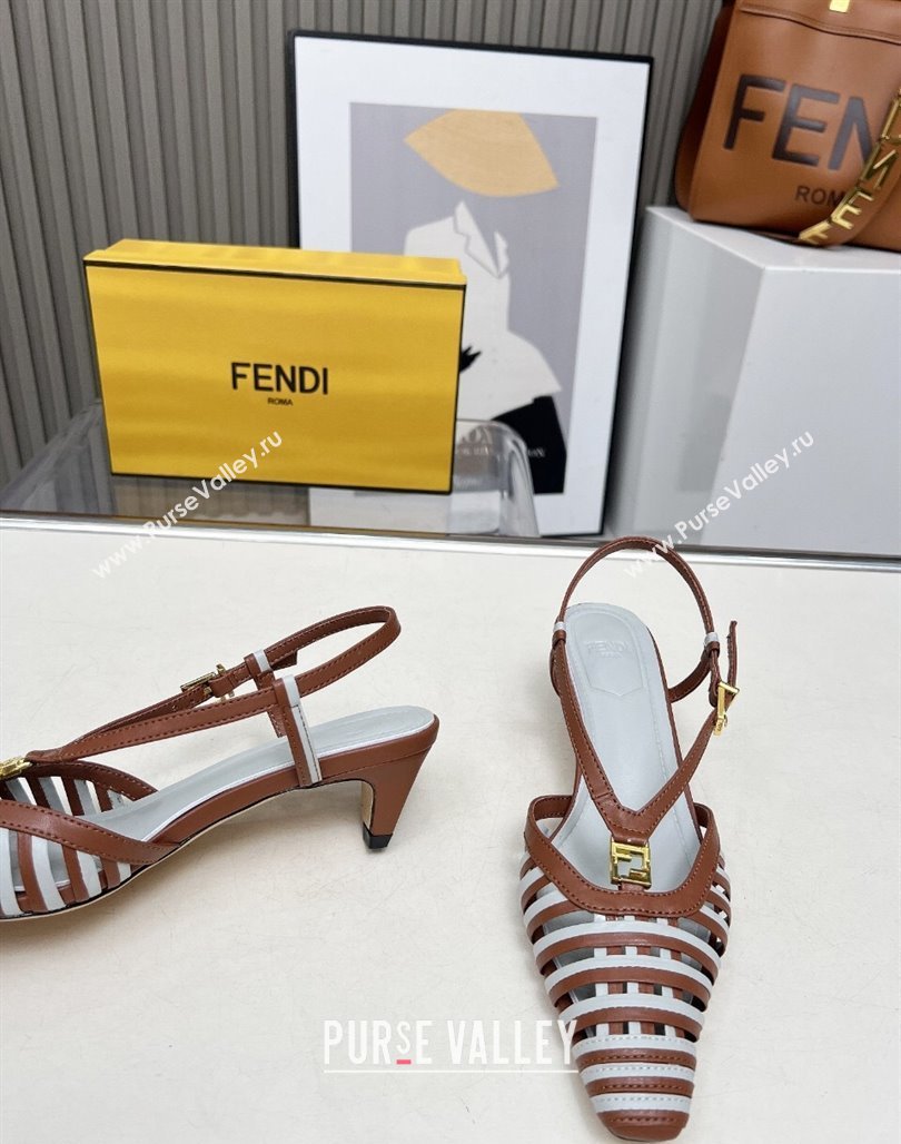 Fendi FFold Slingbacks Heeled Sandals 5cm in Bonded Leather Stripes Brown/Green 2025 (MD-250425138)