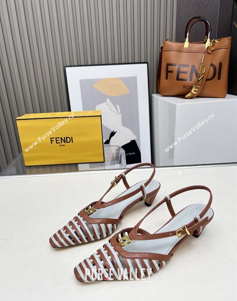 Fendi FFold Slingbacks Heeled Sandals 5cm in Bonded Leather Stripes Brown/Green 2025 (MD-250425138)