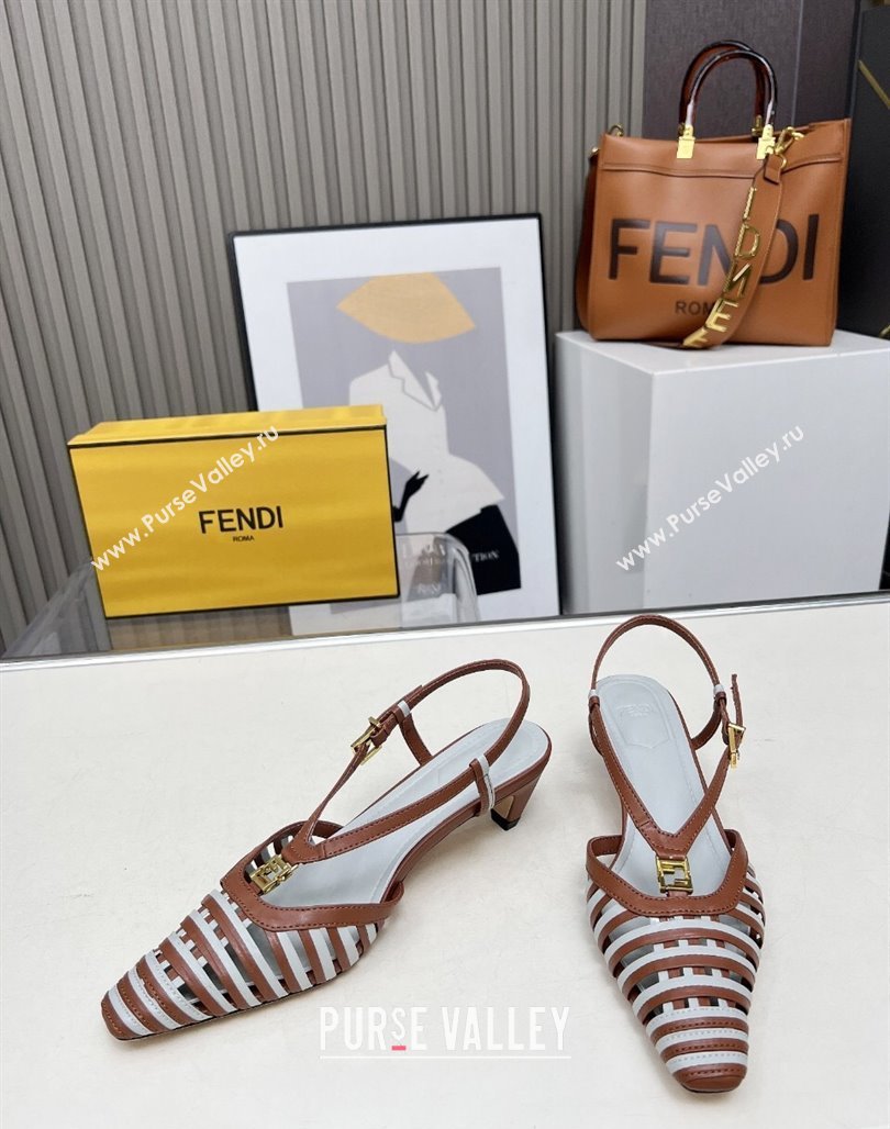 Fendi FFold Slingbacks Heeled Sandals 5cm in Bonded Leather Stripes Brown/Green 2025 (MD-250425138)