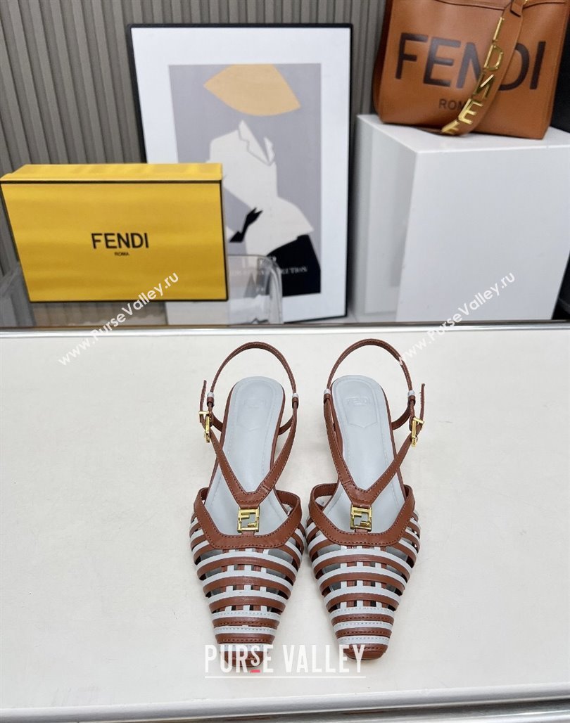 Fendi FFold Slingbacks Heeled Sandals 5cm in Bonded Leather Stripes Brown/Green 2025 (MD-250425138)