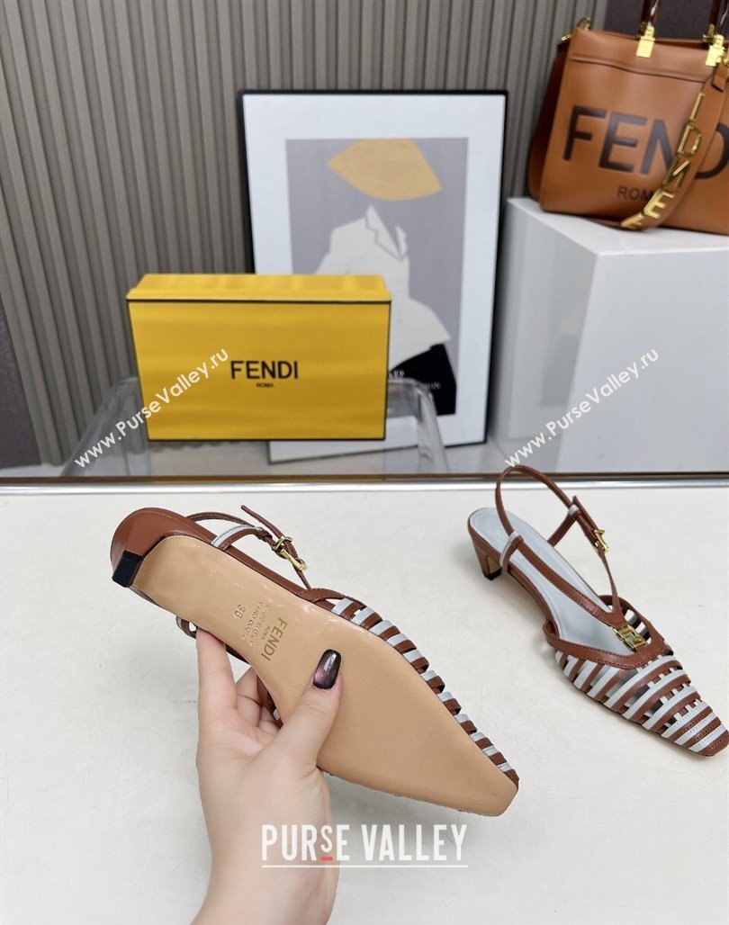Fendi FFold Slingbacks Heeled Sandals 5cm in Bonded Leather Stripes Brown/Green 2025 (MD-250425138)
