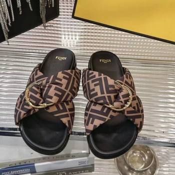 Fendi Feel Flat Slides Sandal in FF Satin with D-ring Buckle Brown 2025 (MD-250425139)