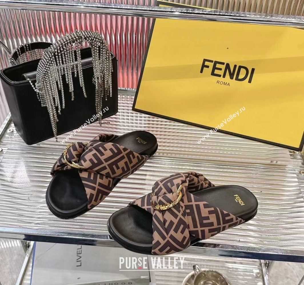 Fendi Feel Flat Slides Sandal in FF Satin with D-ring Buckle Brown 2025 (MD-250425139)