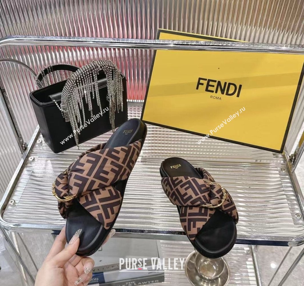 Fendi Feel Flat Slides Sandal in FF Satin with D-ring Buckle Brown 2025 (MD-250425139)
