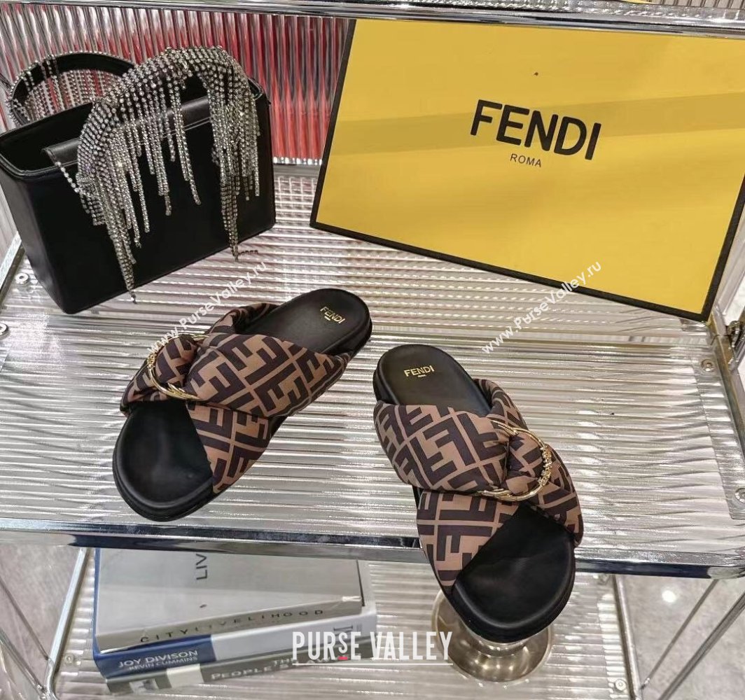 Fendi Feel Flat Slides Sandal in FF Satin with D-ring Buckle Brown 2025 (MD-250425139)