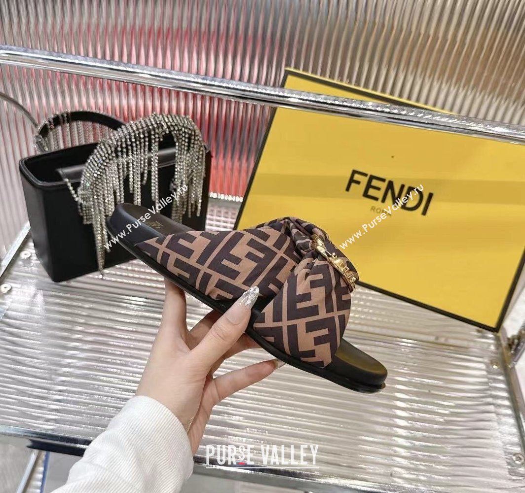 Fendi Feel Flat Slides Sandal in FF Satin with D-ring Buckle Brown 2025 (MD-250425139)