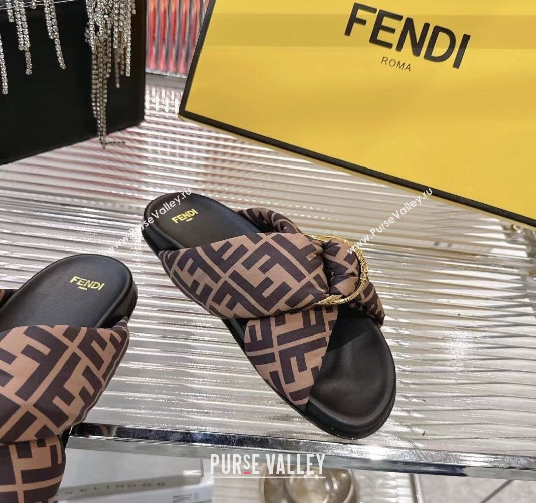 Fendi Feel Flat Slides Sandal in FF Satin with D-ring Buckle Brown 2025 (MD-250425139)