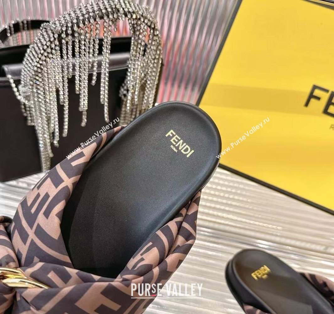 Fendi Feel Flat Slides Sandal in FF Satin with D-ring Buckle Brown 2025 (MD-250425139)