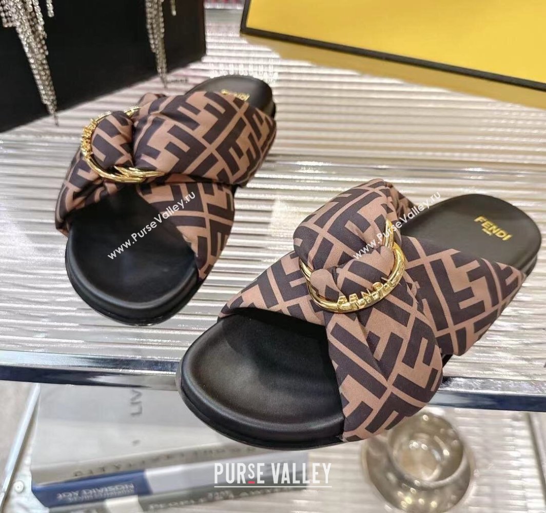 Fendi Feel Flat Slides Sandal in FF Satin with D-ring Buckle Brown 2025 (MD-250425139)