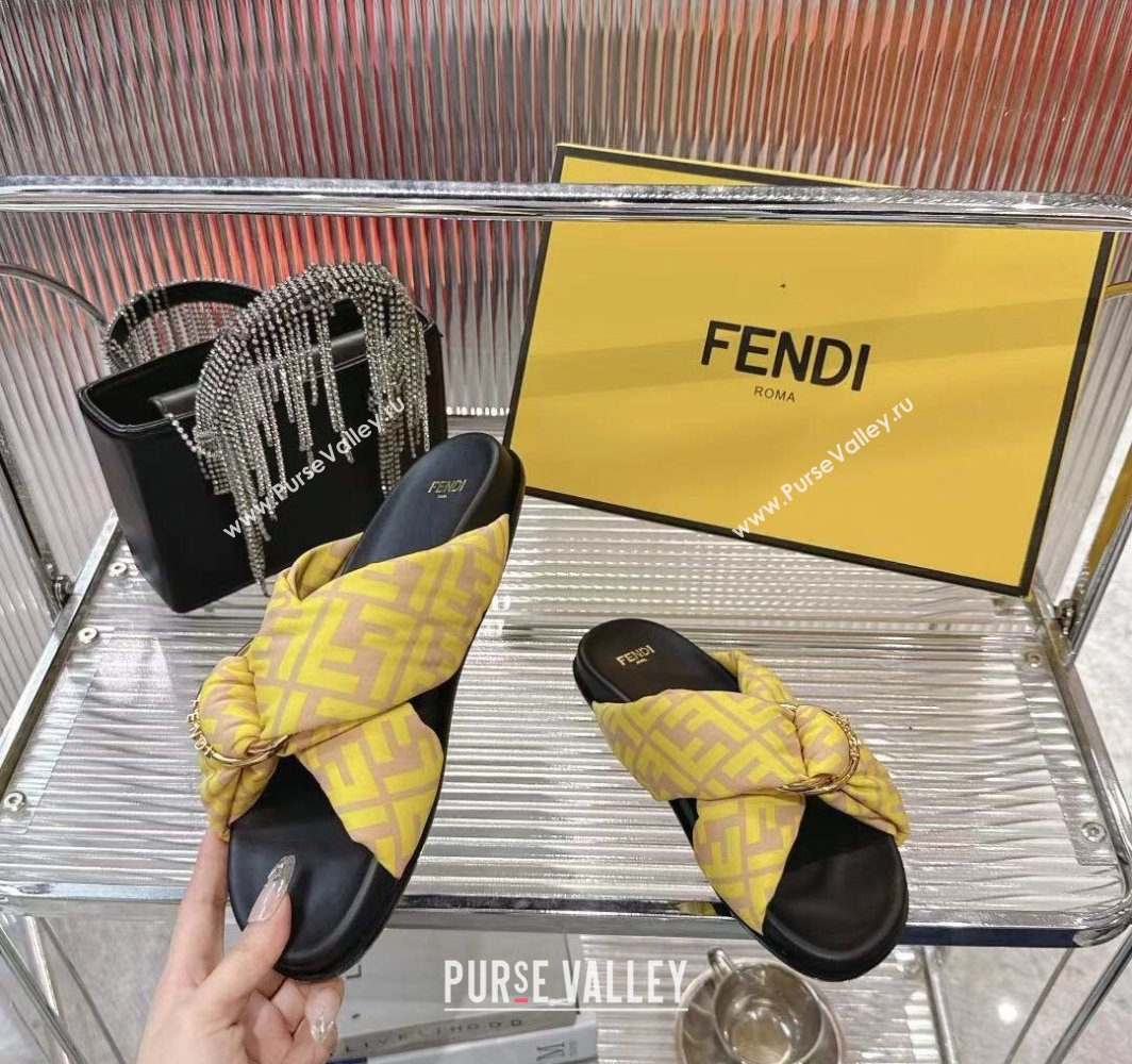 Fendi Feel Flat Slides Sandal in FF Satin with D-ring Buckle Yellow 2025 (MD-250425141)