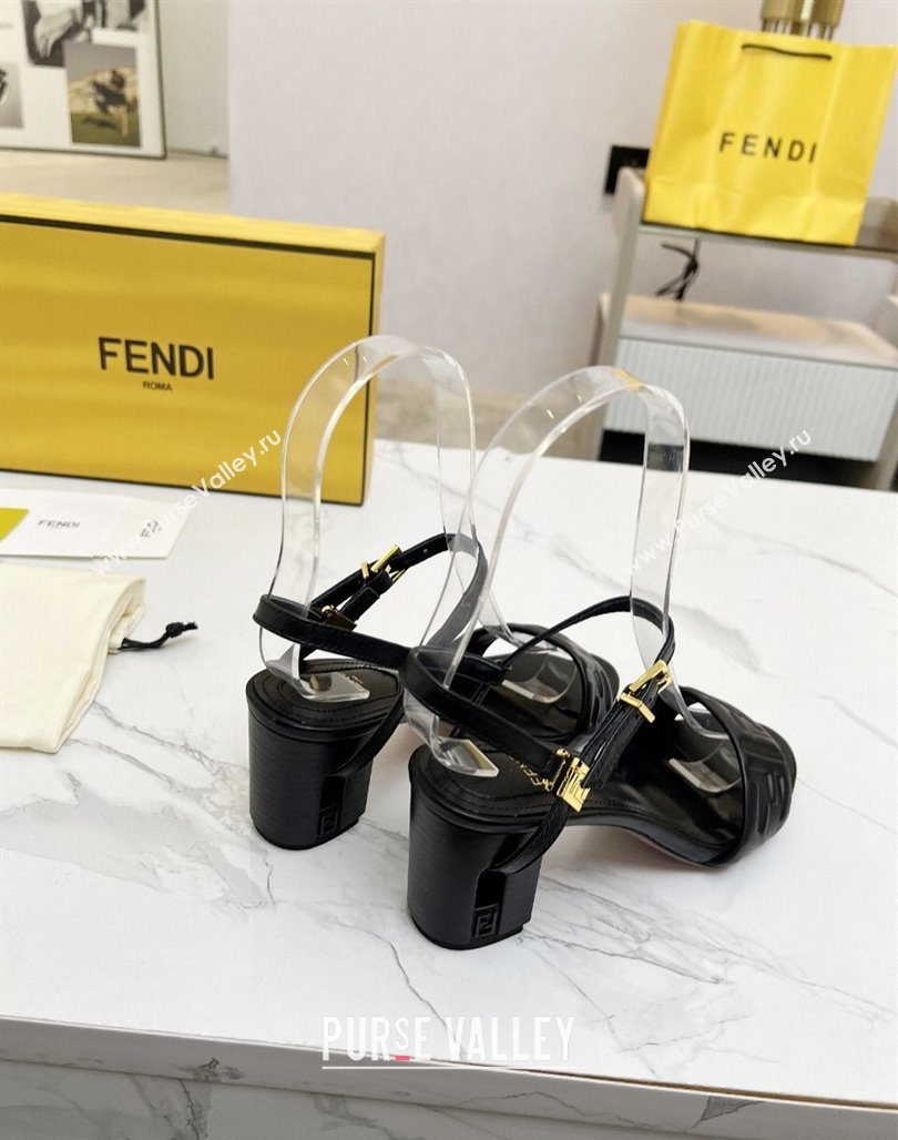 Fendi Delfina Medium Heel Sandals 6cm in FF Leather Black 2025 (MD-250425132)