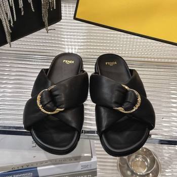 Fendi Feel Flat Slides Sandal in Lambskin Leather with D-ring Buckle Black 2025 (MD-250425143)