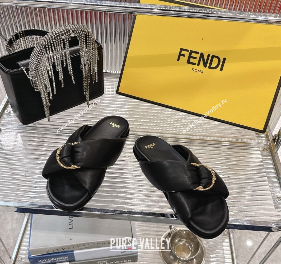 Fendi Feel Flat Slides Sandal in Lambskin Leather with D-ring Buckle Black 2025 (MD-250425143)