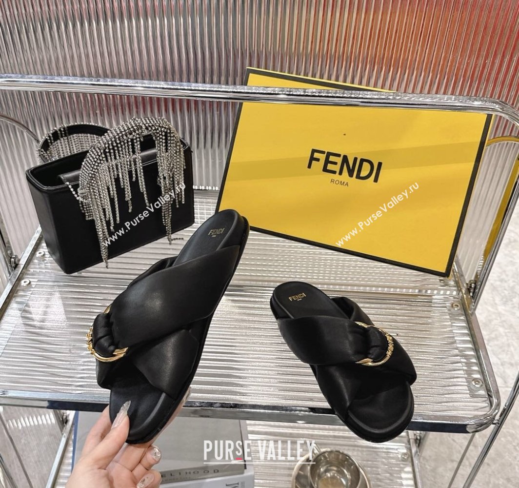Fendi Feel Flat Slides Sandal in Lambskin Leather with D-ring Buckle Black 2025 (MD-250425143)