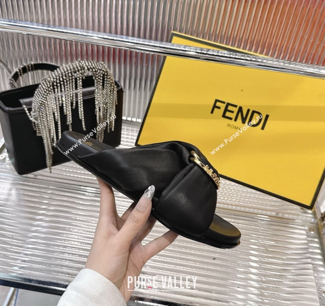 Fendi Feel Flat Slides Sandal in Lambskin Leather with D-ring Buckle Black 2025 (MD-250425143)