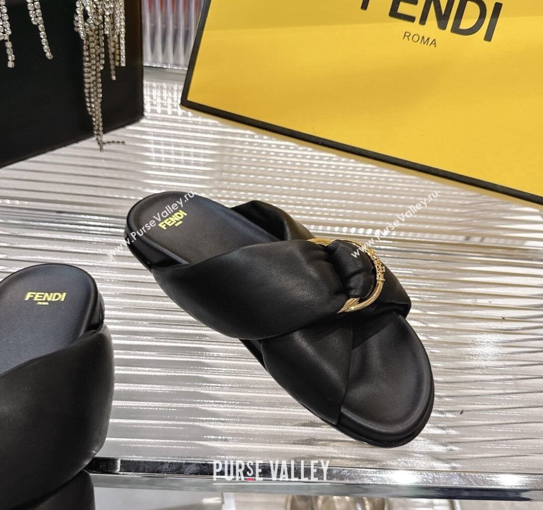 Fendi Feel Flat Slides Sandal in Lambskin Leather with D-ring Buckle Black 2025 (MD-250425143)