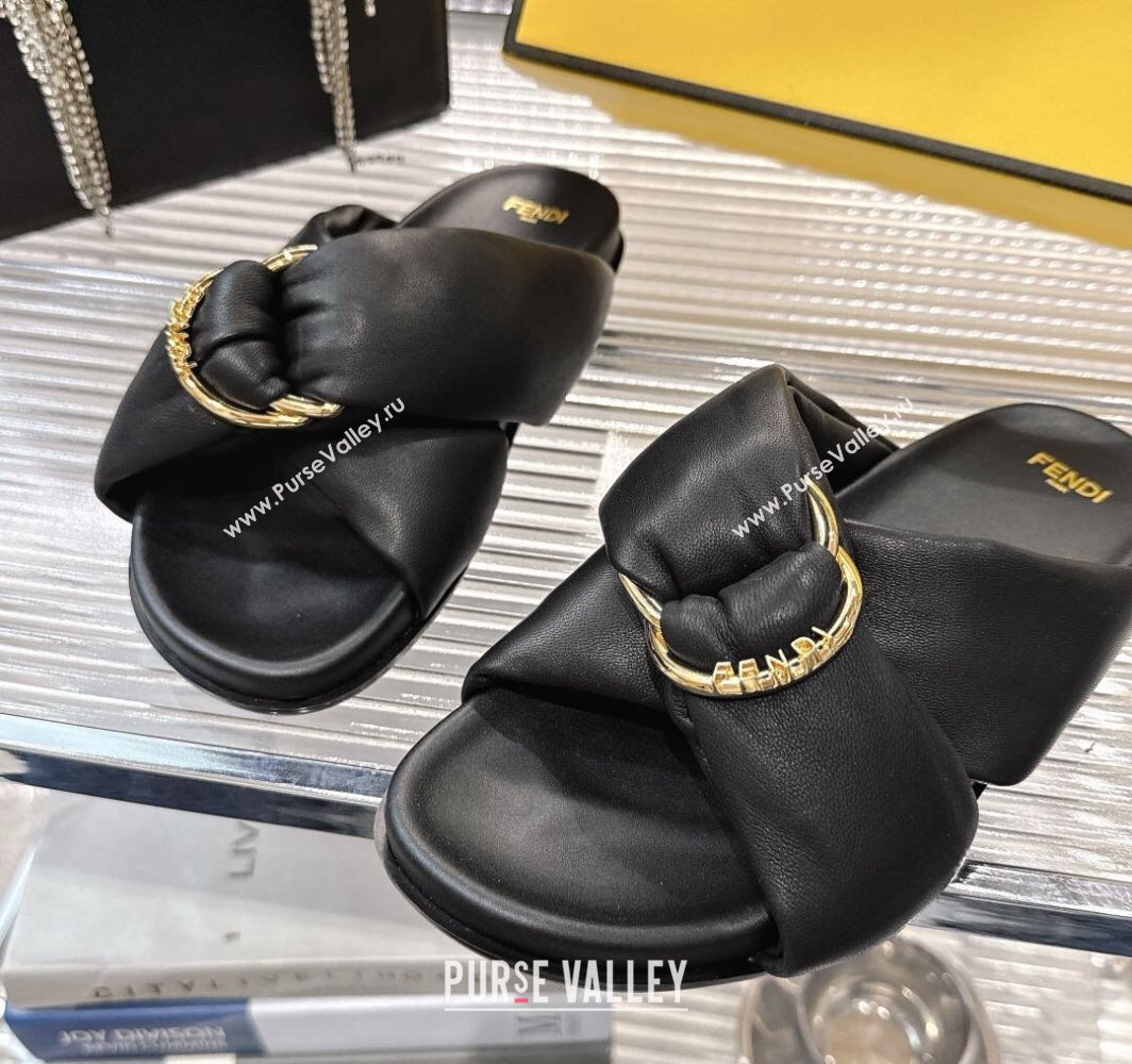 Fendi Feel Flat Slides Sandal in Lambskin Leather with D-ring Buckle Black 2025 (MD-250425143)