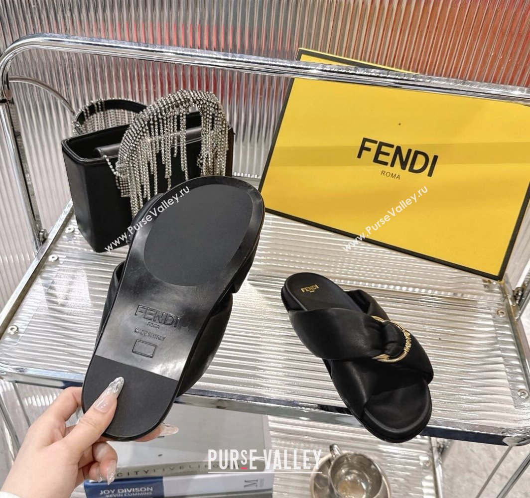 Fendi Feel Flat Slides Sandal in Lambskin Leather with D-ring Buckle Black 2025 (MD-250425143)