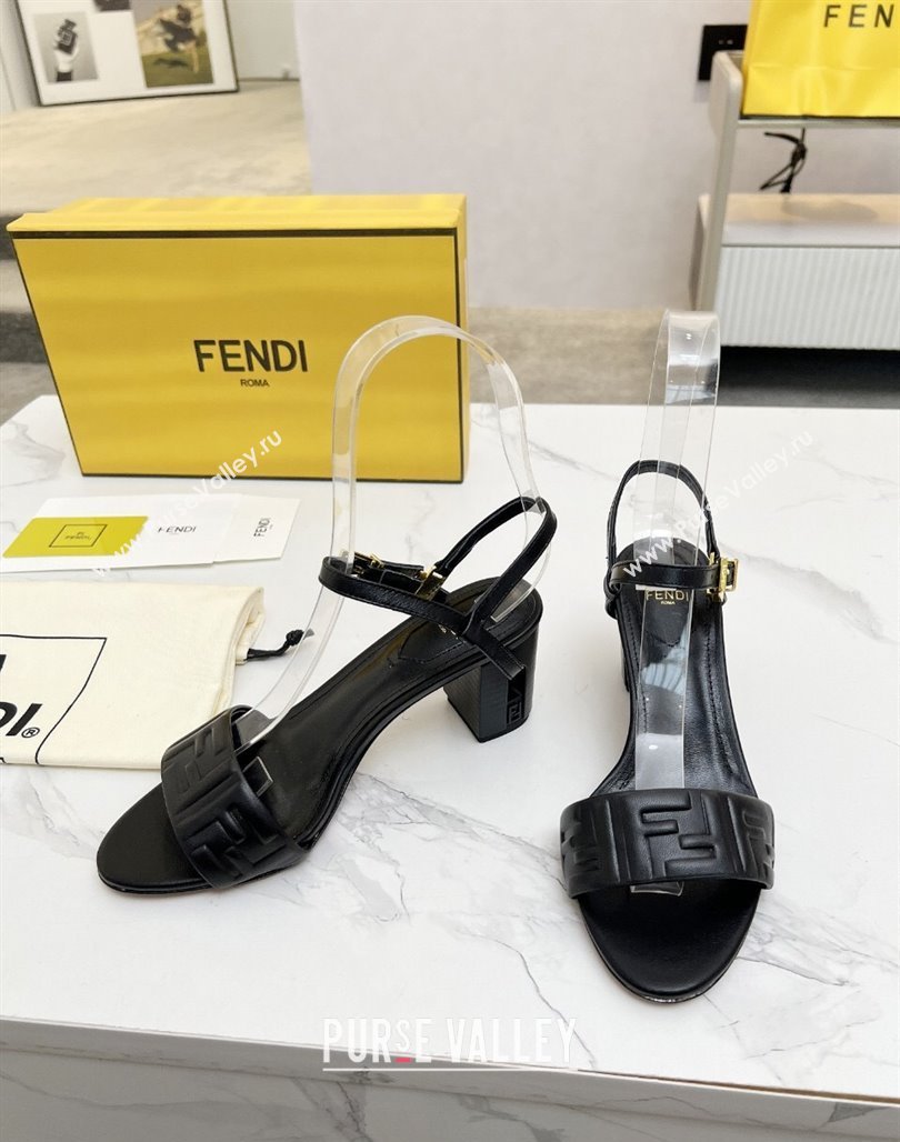 Fendi Delfina Medium Heel Sandals 6cm in FF Leather Black 2025 (MD-250425132)