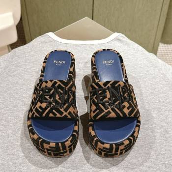 Fendi Sunshine Platform Slides Sandal 6cm in FF Fabric Navy Blue 2025 0426 (MD-250426001)