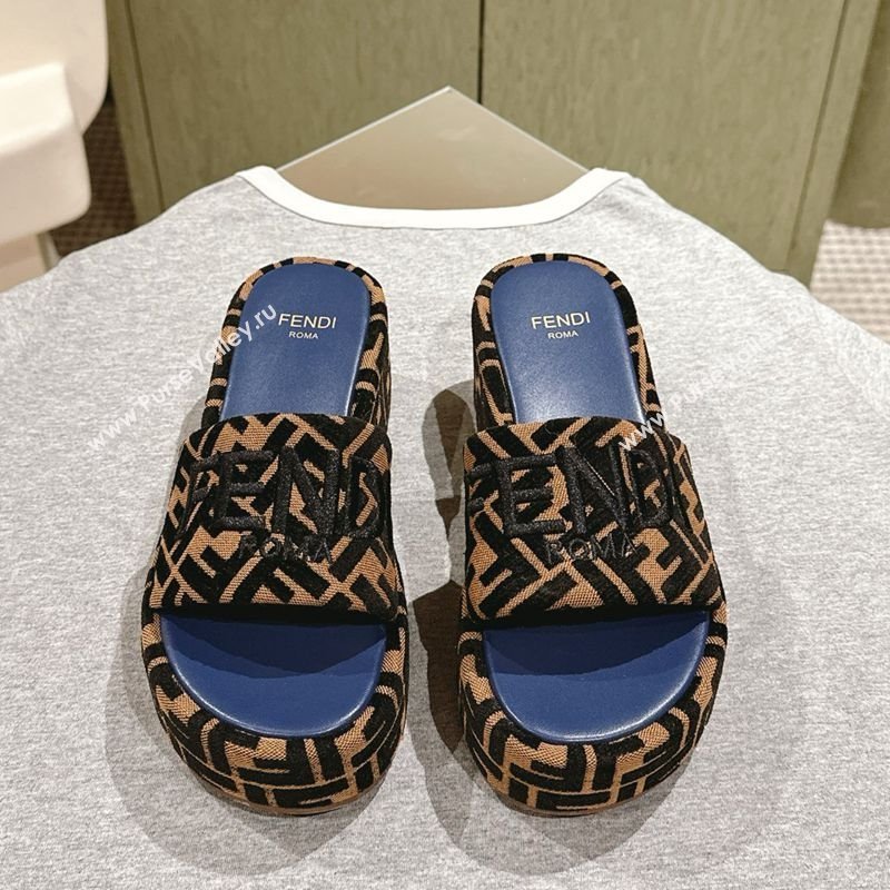 Fendi Sunshine Platform Slides Sandal 6cm in FF Fabric Navy Blue 2025 0426 (MD-250426001)