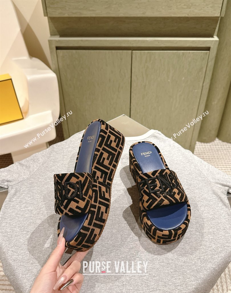 Fendi Sunshine Platform Slides Sandal 6cm in FF Fabric Navy Blue 2025 0426 (MD-250426001)