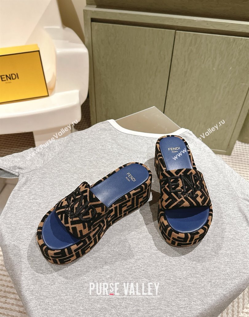 Fendi Sunshine Platform Slides Sandal 6cm in FF Fabric Navy Blue 2025 0426 (MD-250426001)