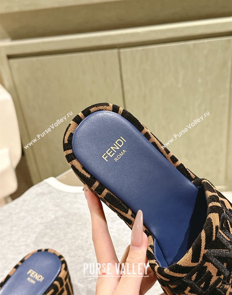 Fendi Sunshine Platform Slides Sandal 6cm in FF Fabric Navy Blue 2025 0426 (MD-250426001)
