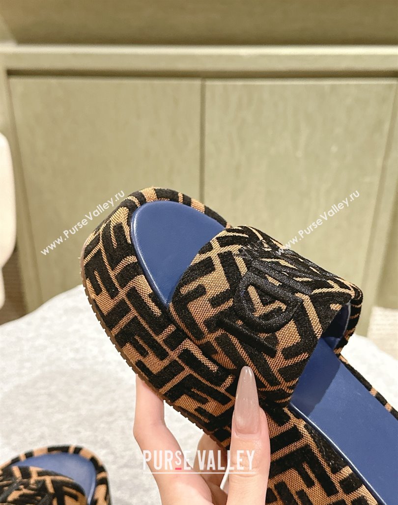 Fendi Sunshine Platform Slides Sandal 6cm in FF Fabric Navy Blue 2025 0426 (MD-250426001)
