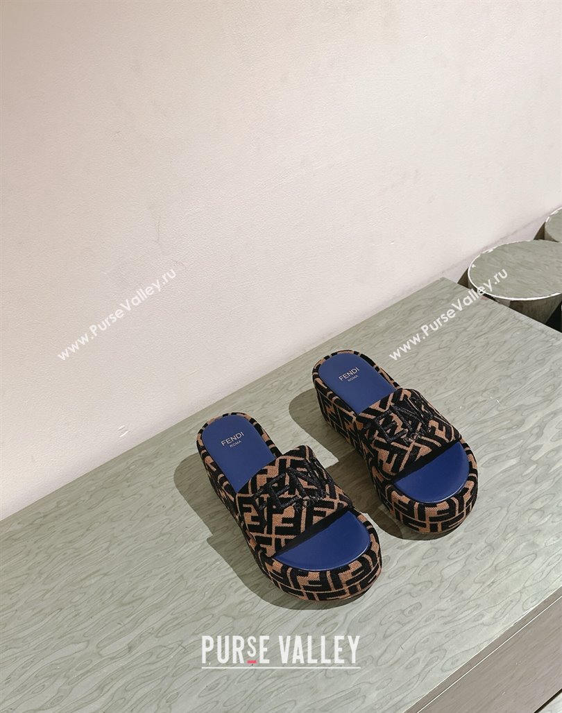 Fendi Sunshine Platform Slides Sandal 6cm in FF Fabric Navy Blue 2025 0426 (MD-250426001)
