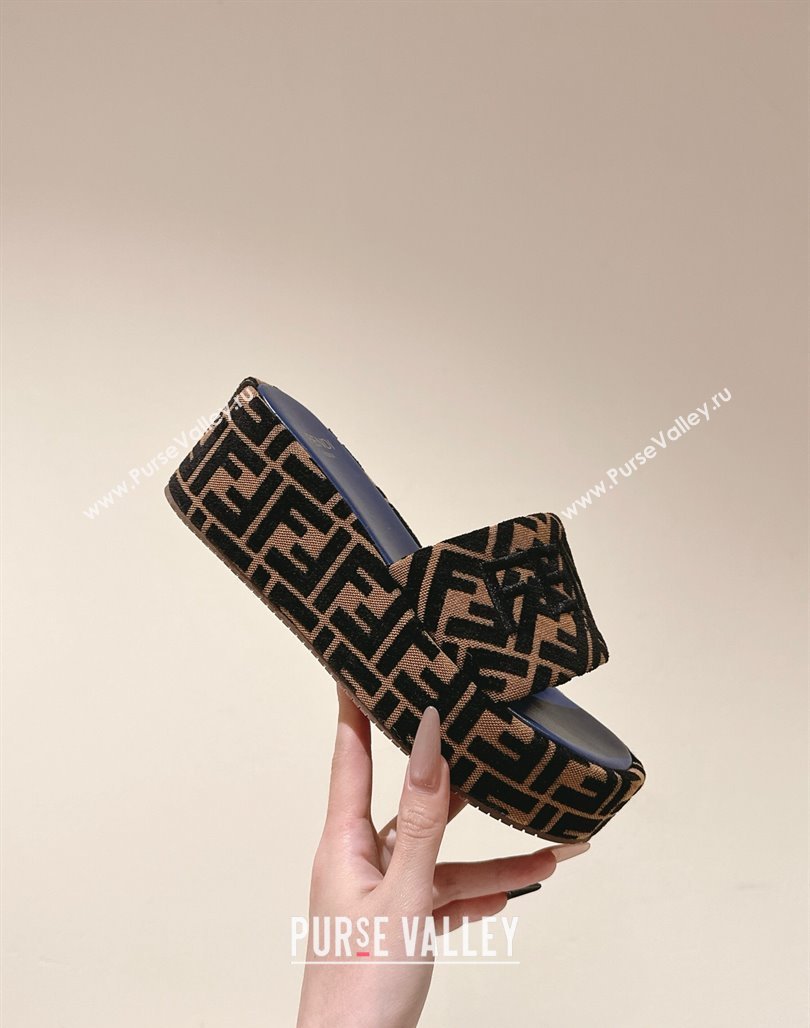 Fendi Sunshine Platform Slides Sandal 6cm in FF Fabric Navy Blue 2025 0426 (MD-250426001)