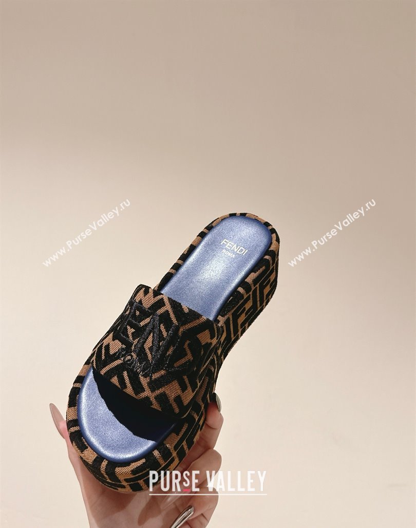 Fendi Sunshine Platform Slides Sandal 6cm in FF Fabric Navy Blue 2025 0426 (MD-250426001)