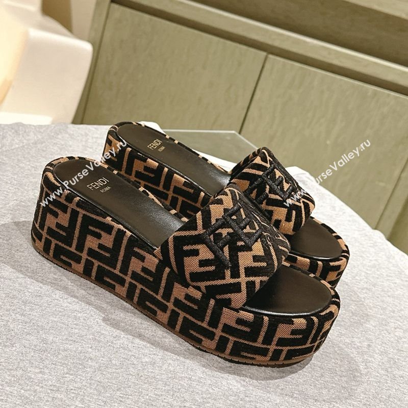 Fendi Sunshine Platform Slides Sandal 6cm in FF Fabric Brown 2025 0426 (MD-250426002)