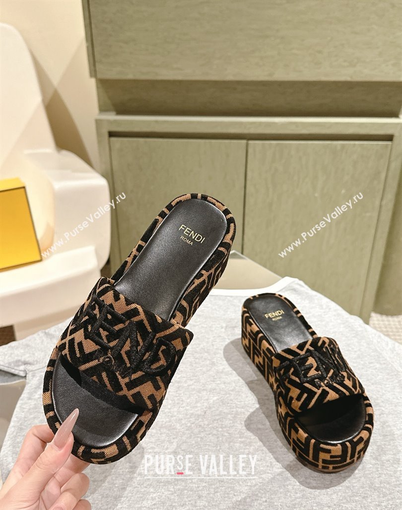 Fendi Sunshine Platform Slides Sandal 6cm in FF Fabric Brown 2025 0426 (MD-250426002)