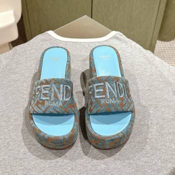 Fendi Sunshine Platform Slides Sandal 6cm in FF Fabric Light Blue 2025 0426 (MD-250426003)