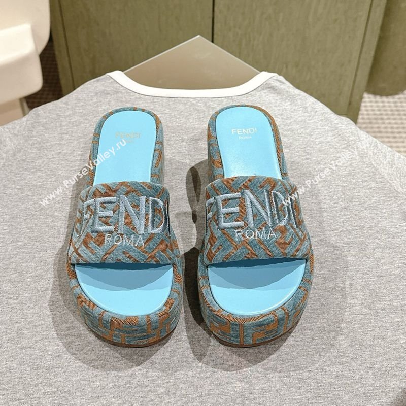 Fendi Sunshine Platform Slides Sandal 6cm in FF Fabric Light Blue 2025 0426 (MD-250426003)