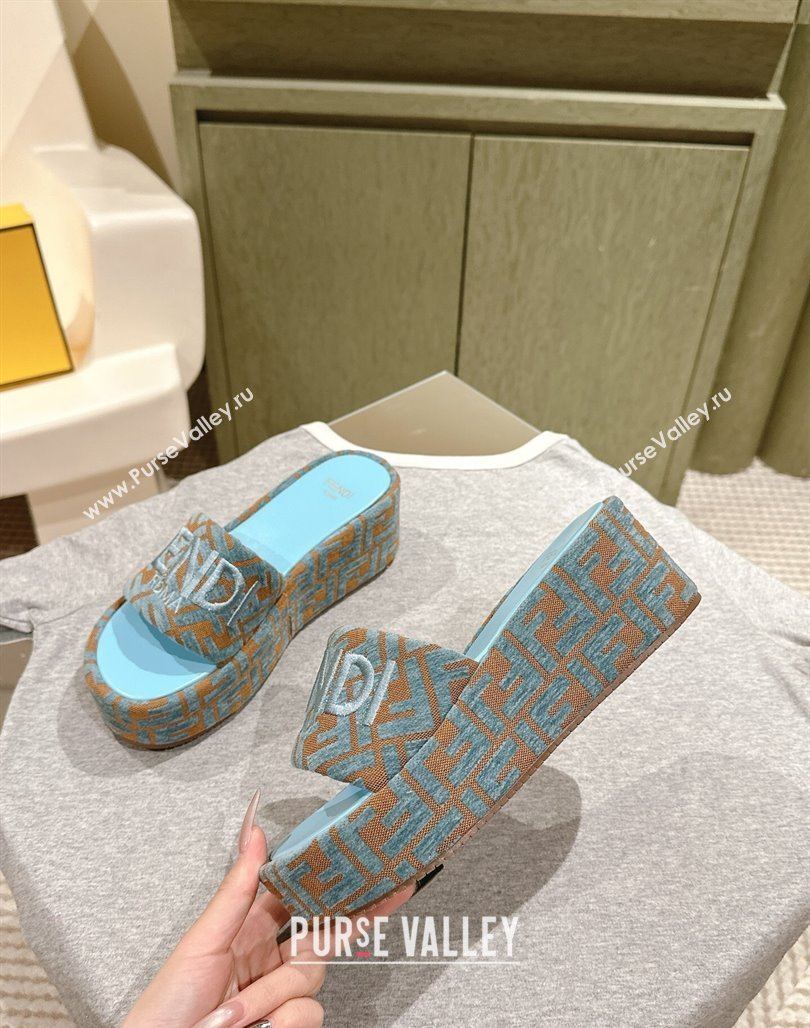 Fendi Sunshine Platform Slides Sandal 6cm in FF Fabric Light Blue 2025 0426 (MD-250426003)