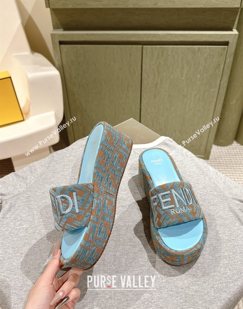 Fendi Sunshine Platform Slides Sandal 6cm in FF Fabric Light Blue 2025 0426 (MD-250426003)
