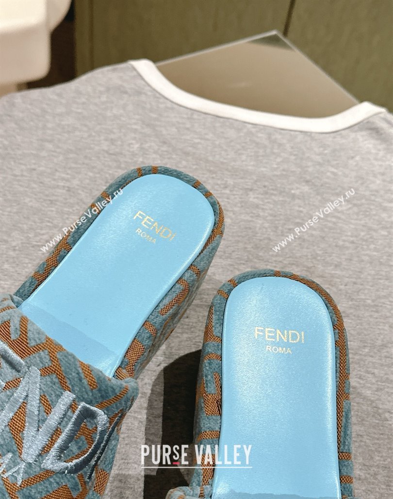 Fendi Sunshine Platform Slides Sandal 6cm in FF Fabric Light Blue 2025 0426 (MD-250426003)