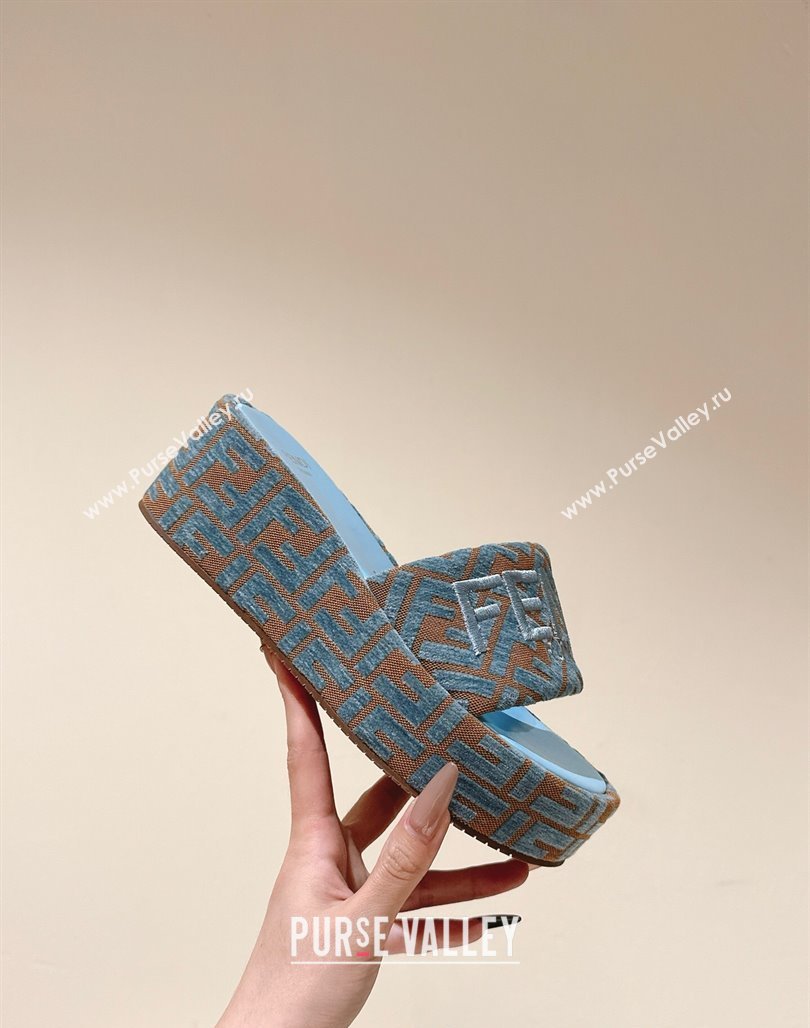 Fendi Sunshine Platform Slides Sandal 6cm in FF Fabric Light Blue 2025 0426 (MD-250426003)