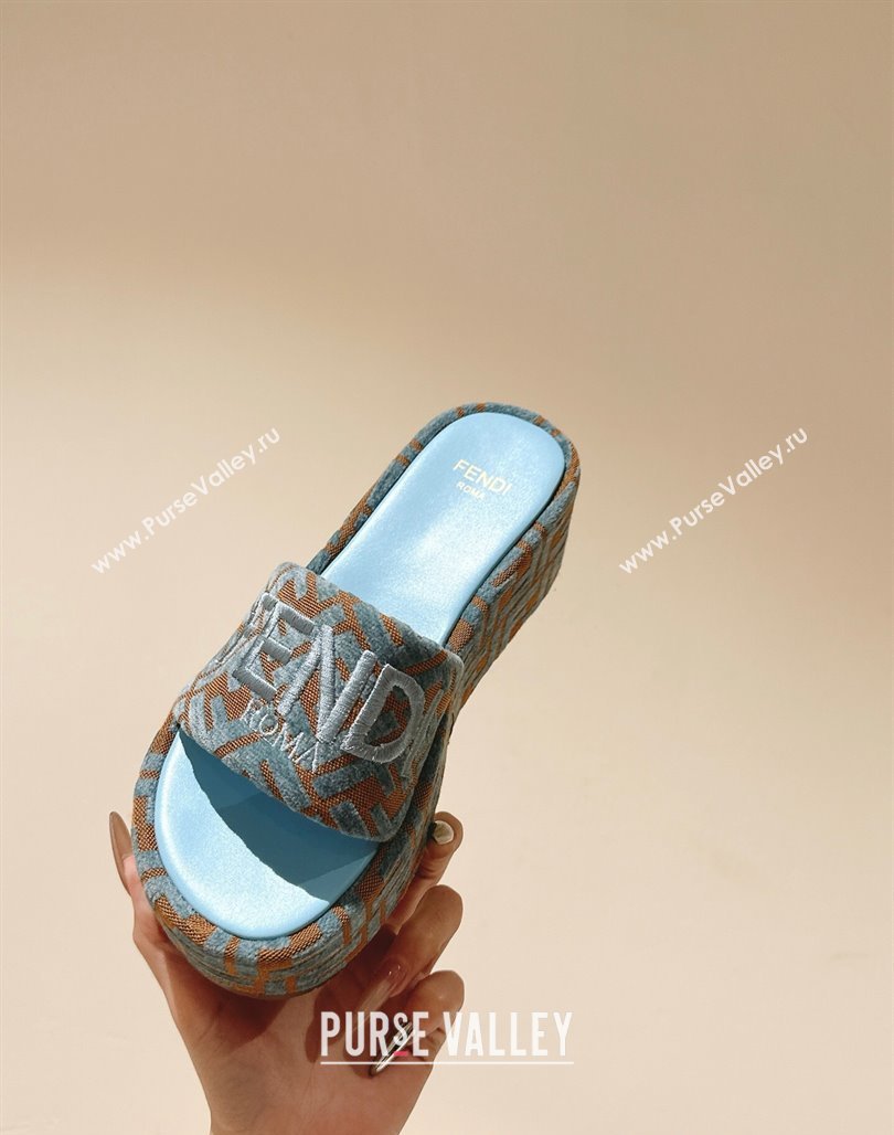 Fendi Sunshine Platform Slides Sandal 6cm in FF Fabric Light Blue 2025 0426 (MD-250426003)