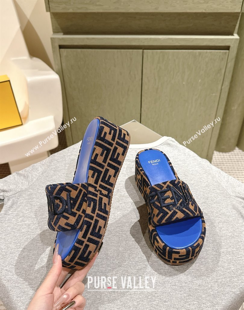 Fendi Sunshine Platform Slides Sandal 6cm in FF Fabric Sky Blue 2025 0426 (MD-250426004)