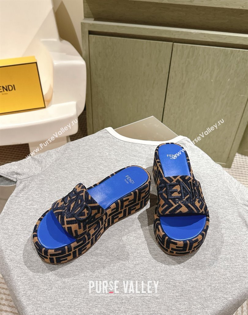 Fendi Sunshine Platform Slides Sandal 6cm in FF Fabric Sky Blue 2025 0426 (MD-250426004)
